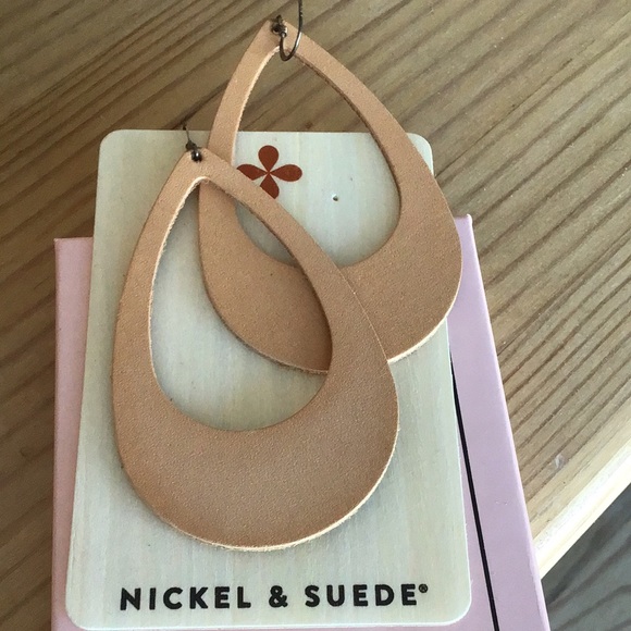 New Leather Cutout London Tan Tear Drop Nickel & Suede Earrings - Picture 5 of 5
